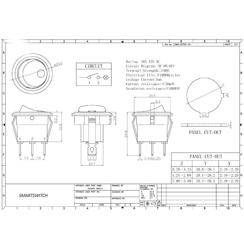 On/Off 20mm Black Round Rocker Switch SPST